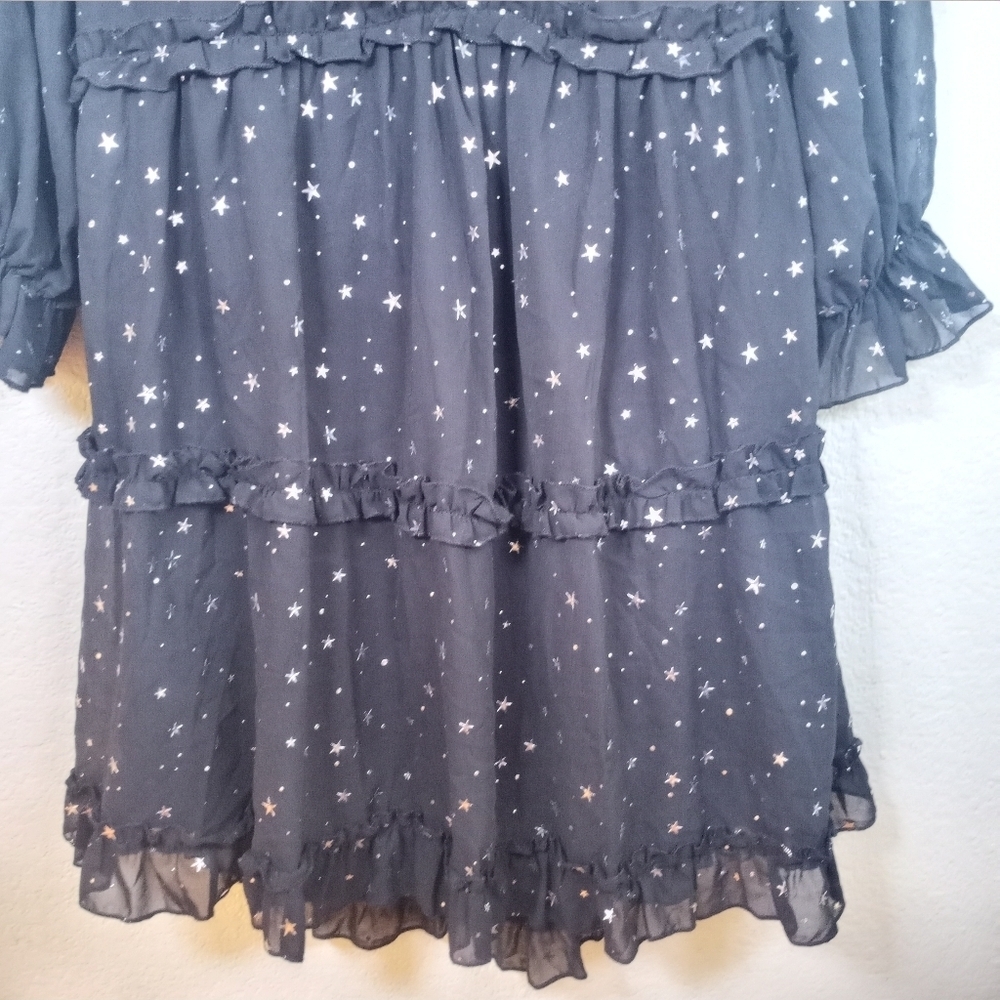 Whimsigoth Sheer Black Silver Star Ruffled Deep V Festive Holiday Dress XL - Picture 5 of 11